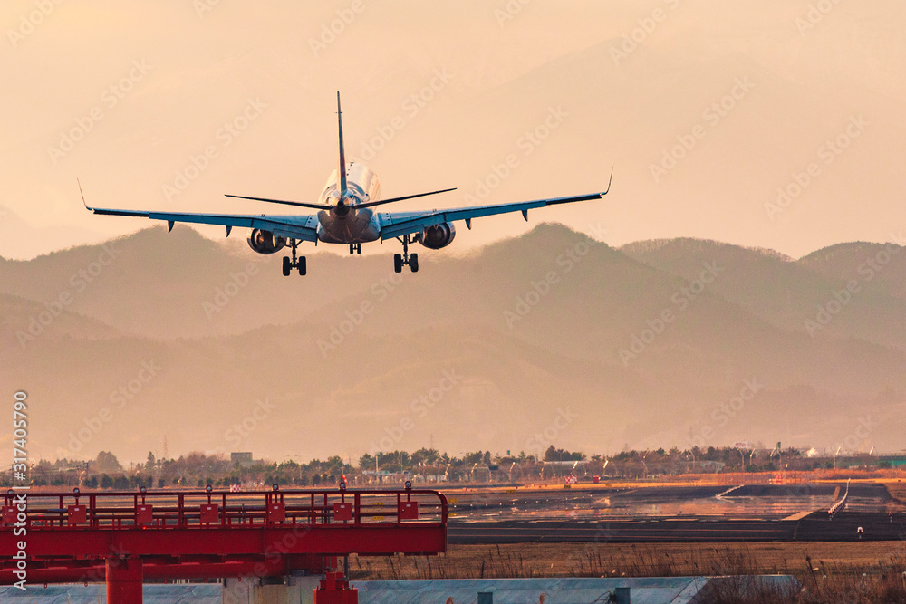 Fototapeta premium 夕方の空港に着陸する飛行機