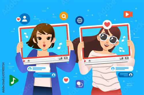 girls singing and talking, making content for social media vector illustration