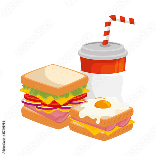 delicious sandwiches with egg fried and drink isolated icon