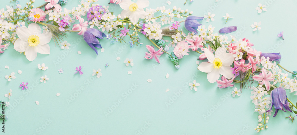 Fototapeta beautiful spring flowers on green paper background