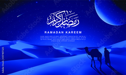 Eid mubarak Ramadan Kareem wallpaper design template with 3d illustration of a traveller silhouette with his camel in the desert in blue tone, happy holiday calligraphy written in Arabic