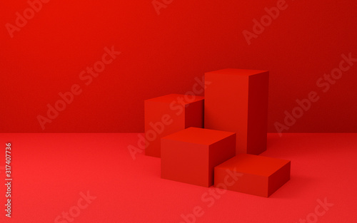 Abstract red cube background texture with geometric shape. 3d render design for display product on website. Minimalist mockup with red podium scene concept. Empty showcase for advertising and banner.