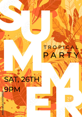 Bright orange vector summer design with exotic palm leaves and space for text. Party flyer or banner template. Tropical background illustration.