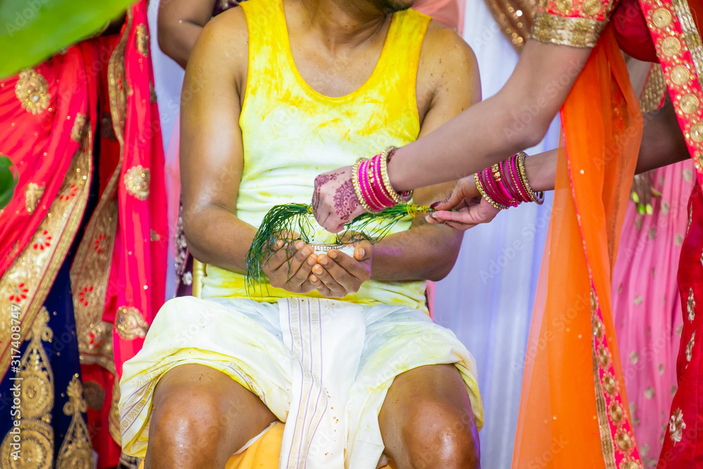 Indian hindu pre wedding Bhatwaan ritual close ups