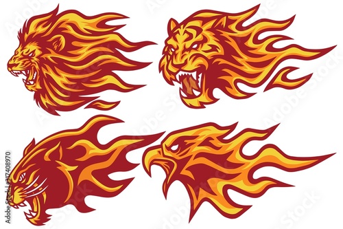 Wild Animals Flaming Flame Heads Set. Lion, Tiger, Jaguar, Panther Eagle - Vector Mascot Logo Design