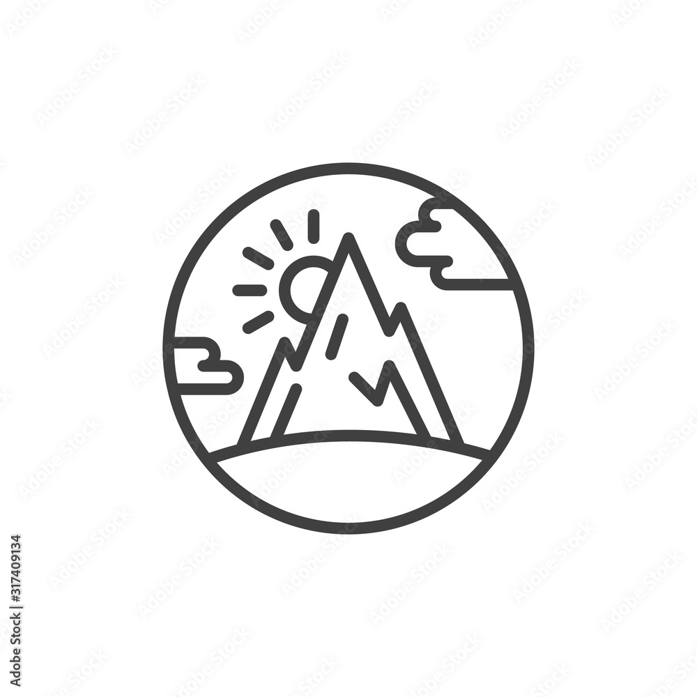 Mountain with clouds and sun line icon. linear style sign for mobile concept and web design. Mountain landscape outline vector icon. Symbol, logo illustration. Vector graphics Mountain with clouds and sun line icon. linear style sign for mobile concept and web design. Mountain landscape outline vector icon. Symbol, logo illustration. Vector graphics