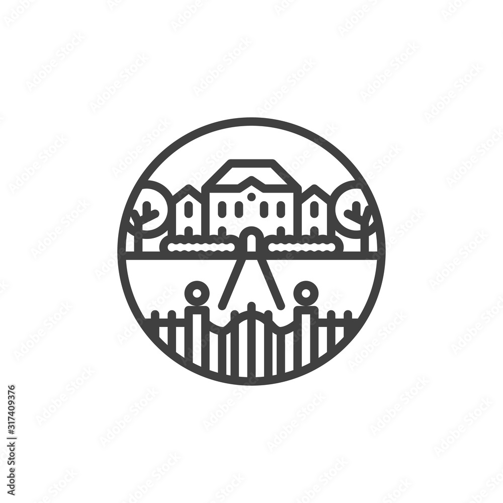 House with Driveway and Entrance gate line icon. linear style sign for mobile concept and web design. Cottage house, villa with automatic gates outline vector icon. Symbol, logo illustration. House with Driveway and Entrance gate line icon. linear style sign for mobile concept and web design. Cottage house, villa with automatic gates outline vector icon. Symbol, logo illustration.