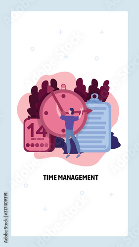 Time management concept. Man set the clock Business schedule and calendar. Vector web site design template. Landing page website concept illustration