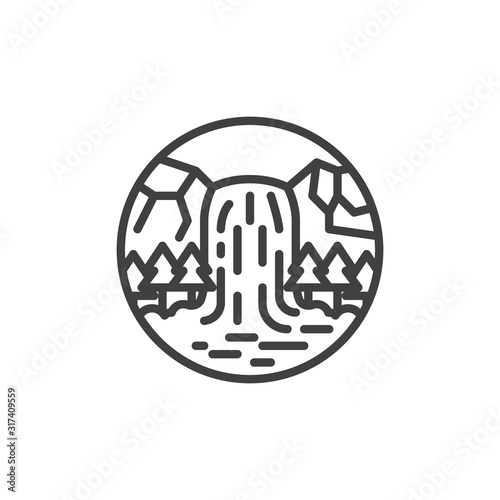 Waterfall mountain scene line icon. linear style sign for mobile concept and web design. Forest waterfall over a rocky cliff outline vector icon. Symbol, logo illustration. Vector graphics
