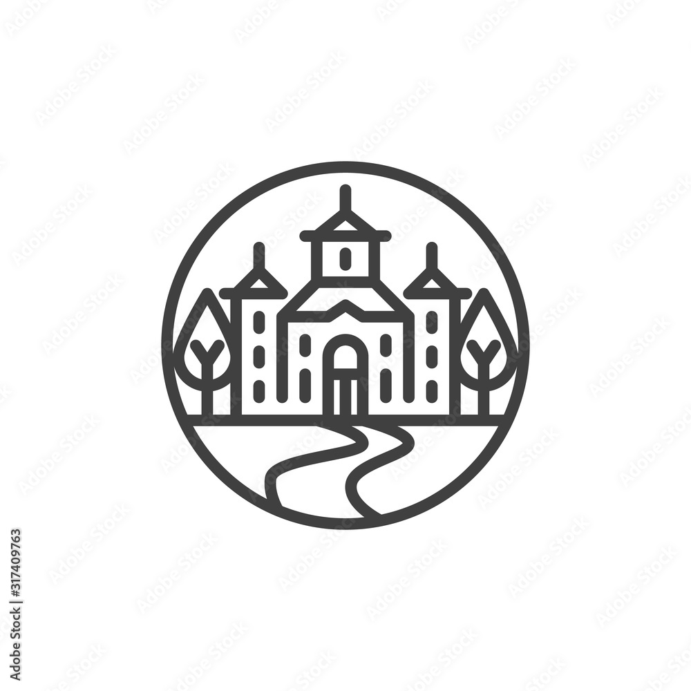 Landscape with a church and trees line icon. linear style sign for mobile concept and web design. Country side church outline vector icon. Symbol, logo illustration. Vector graphics