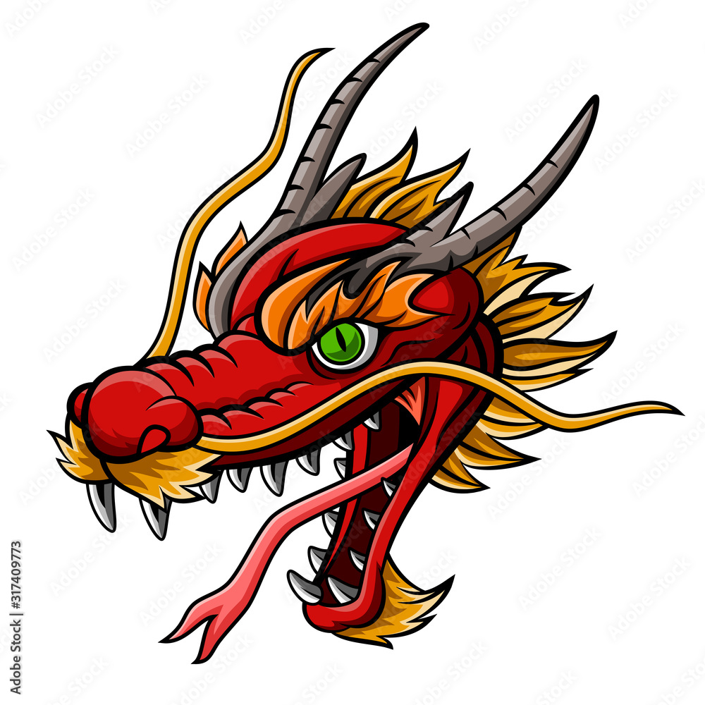 Cartoon fierce red dragon head mascot Stock Vector | Adobe Stock