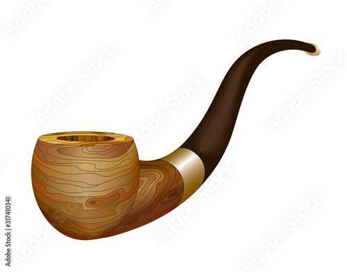 souvenir smoking pipe with brown mouthpiece & wooden texture, color vector illustration with contour lines isolated on white background in clip art and hand drawn style