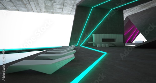 Abstract architectural concrete interior of a minimalist house with colored neon lighting. 3D illustration and rendering. © SERGEYMANSUROV