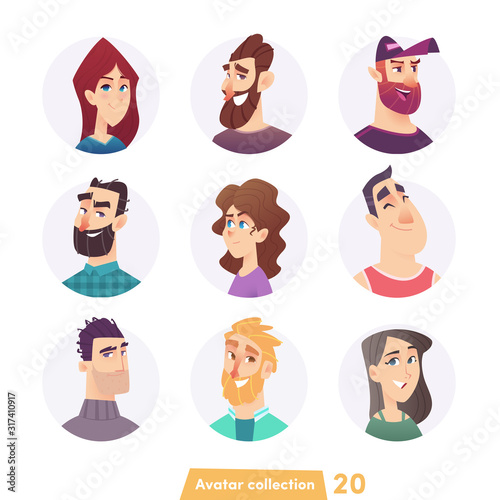 Fototapeta Naklejka Na Ścianę i Meble -  Cheerful young people avatar collection. User faces. Trendy modern style. Flat Cartoon Character design.