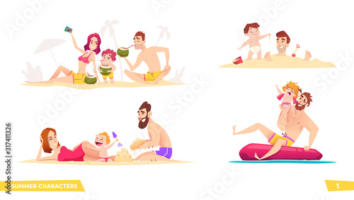 Parents and children on sandy beach. Summer family collection. Family summer resting.