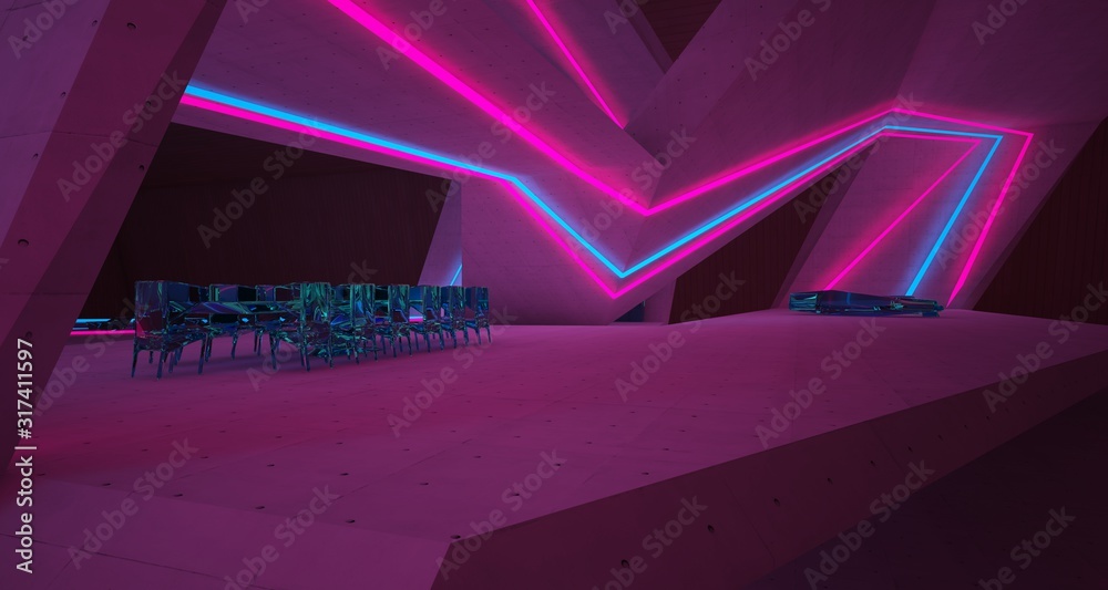 Naklejka Abstract architectural concrete, wood and glass interior of a minimalist house with colored neon lighting. 3D illustration and rendering.