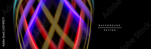 Silk and smooth flow wave poster design. Color waves, liquid style lines and shapes in black color background