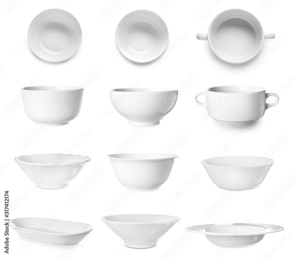 Set of empty ceramic dishware on white background Set of empty ceramic dishware on white background