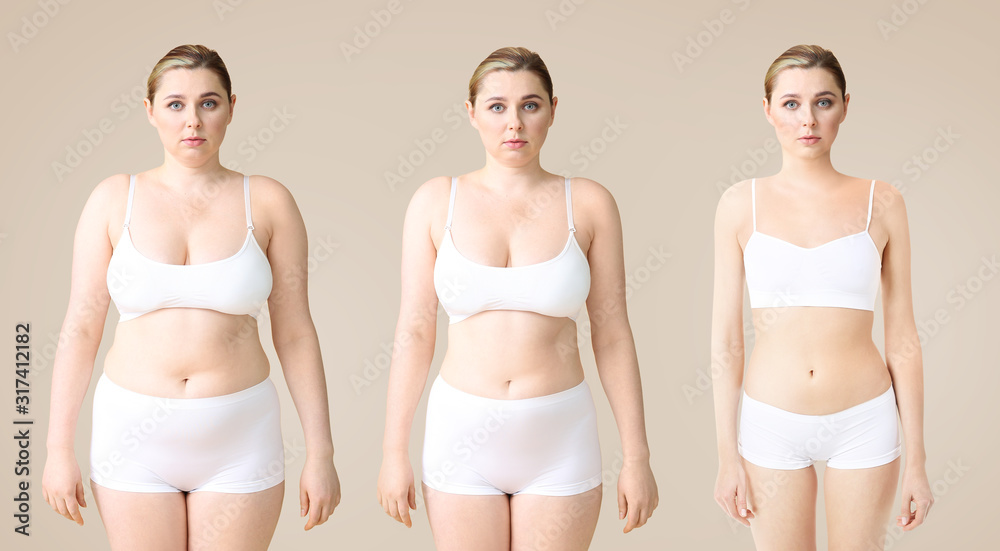 Fototapeta premium Młoda kobieta przed i po odchudzaniu na kolorowym tle. Etapy utraty wagi