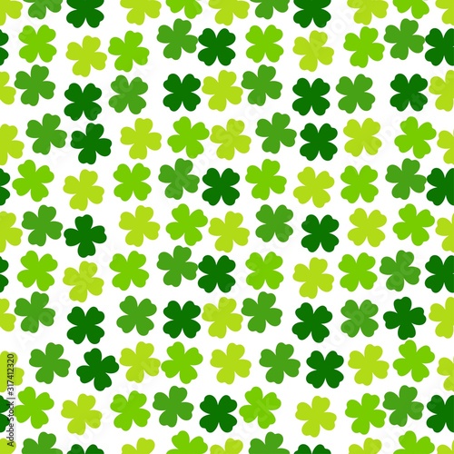St Patricks Day seamless pattern. Green background with clover leaves. Cute simple repeated design. Vector