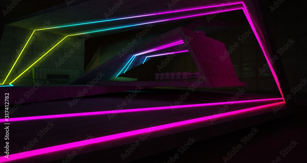 Abstract architectural concrete and rusted metal interior of a minimalist house with colored neon lighting. 3D illustration and rendering. Abstract architectural concrete and rusted metal interior of a minimalist house with colored neon lighting. 3D illustration and rendering.
