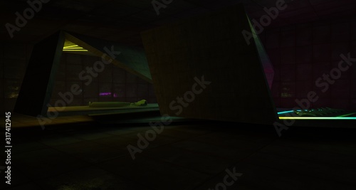 Abstract architectural concrete and rusted metal interior of a minimalist house with colored neon lighting. 3D illustration and rendering.