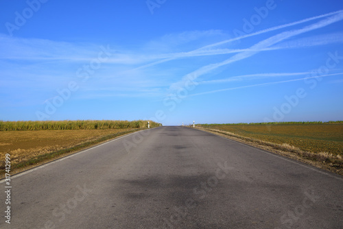 A gray road with spotty pavement stretches straight to the horizon with fields in winter that are brown and empty against a blue sky with clouds