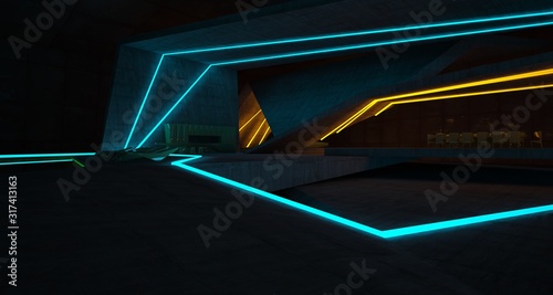 Abstract architectural concrete and rusted metal interior of a minimalist house with colored neon lighting. 3D illustration and rendering.