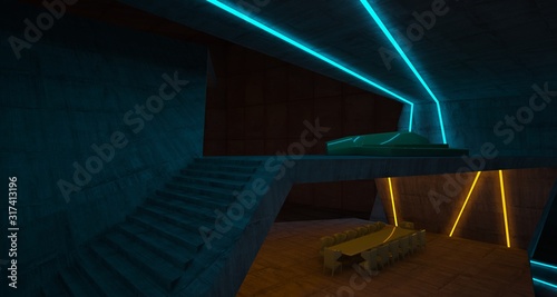 Abstract architectural concrete and rusted metal interior of a minimalist house with colored neon lighting. 3D illustration and rendering.