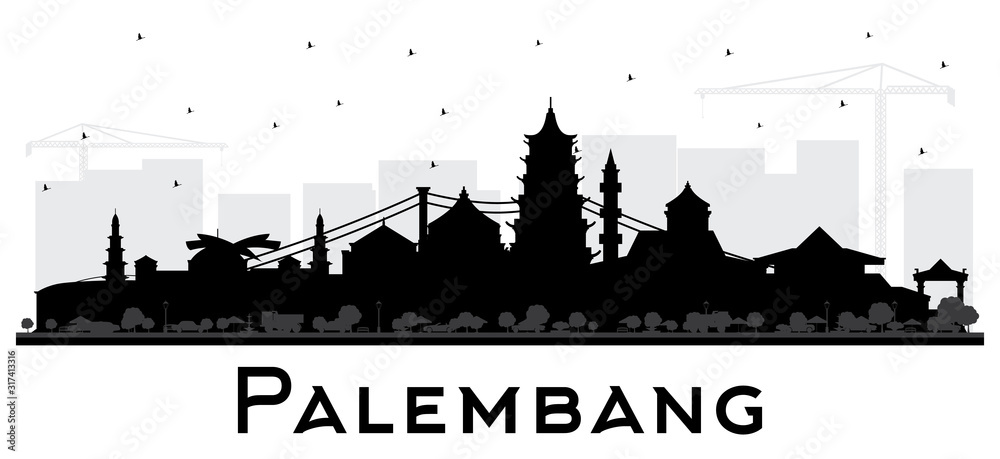 Palembang Indonesia City Skyline Silhouette with Black Buildings Isolated on White.