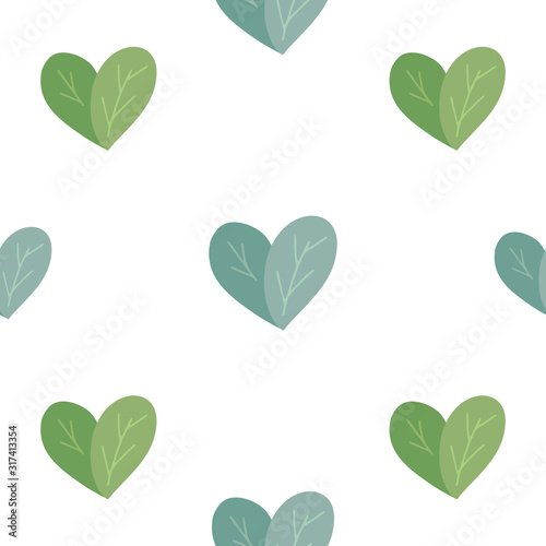 Seamless flat pattern with simple hearts from leaves in row on white background. Love of nature. Vector natural texture for wallpapers  fabrics and your creativity