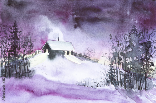 Watercolor illustration of a village house in a Russian winter forest at night