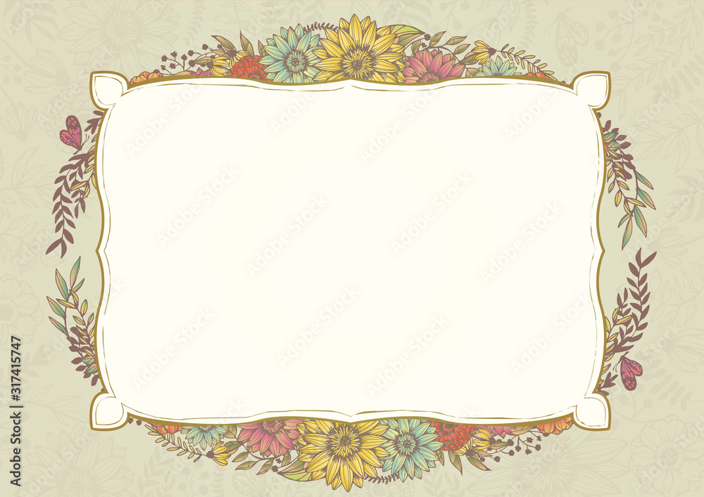 アンティークカラー ベージュ レトロな花柄の背景素材 手書きイラスト 結婚式招待状 サロンdm Illyustraciya Stock Adobe Stock