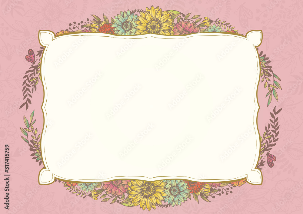 アンティークカラー　レトロな花柄の背景素材　ピンク　手書きイラスト　結婚式招待状　サロンDM