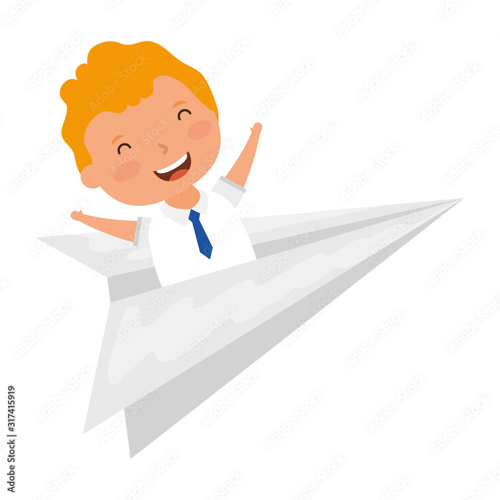 cute blond student boy in paper airplane