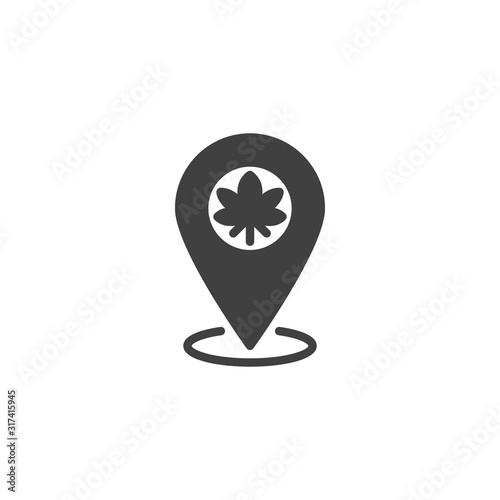 Cannabis store location pin vector icon. filled flat sign for mobile concept and web design. Marijuana shop map pointer glyph icon. Symbol, logo illustration. Vector graphics