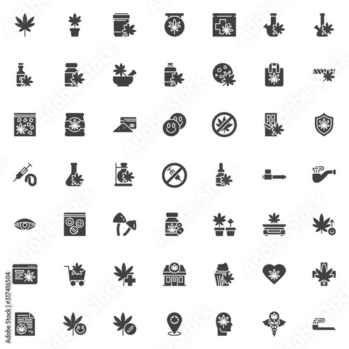 Cannabis store vector icons set, modern solid symbol collection, Marijuana shop filled style pictogram pack. Signs, logo illustration. Set includes icons as marijuana leaf, hemp oil, cocaine powder