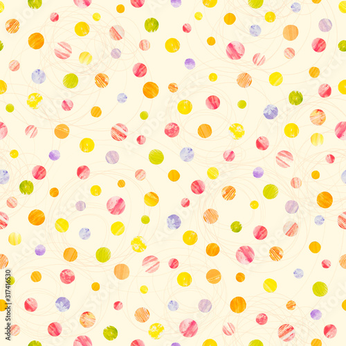 Confetti. Polka dot background painted by watercolor. Handmade watercolor handpainted paper collage. Easter paper art and craft style. Cut paper. Applique. Seamless pattern. Vintage