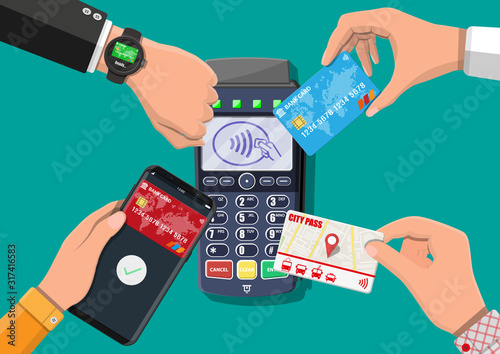 Hands with transport card, smartphone, smartwatch and bank card near POS terminal. Wireless, contactless or cashless payments, rfid nfc. Vector illustration in flat style photo