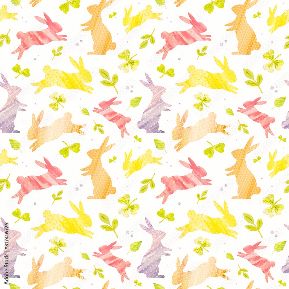 Easter bunnies. Rabbits. Easter. Spring green leaves. Handmade watercolor handpainted paper collage. Easter paper art and craft style. Cut paper. Applique. Seamless pattern. Vintage Easter bunnies. Rabbits. Easter. Spring green leaves. Handmade watercolor handpainted paper collage. Easter paper art and craft style. Cut paper. Applique. Seamless pattern. Vintage