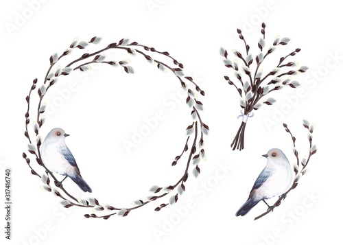 Obraz na płótnie Zestaw elementów dekoracyjnych z szaro-niebieskim ptakiem i gałęziami kwitnącymi wierzbą, ramą koła, bukietem, gałązką. Wektorowa wiosny ilustracja w rocznika akwareli stylu, odosobnionym na białym tle.