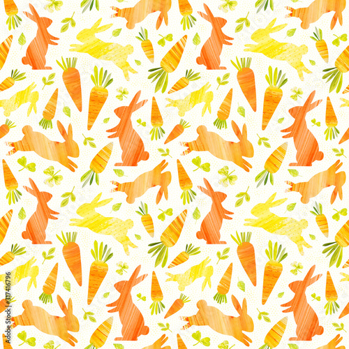 Easter bunnies. Rabbits. Carrots. Handmade watercolor handpainted paper collage. Easter paper art and craft style. Cut paper. Applique. Seamless pattern. Vintage