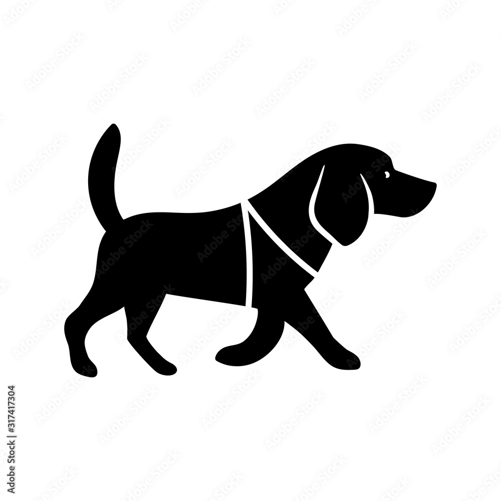 Beagle dog black silhouette. Pet profile view isolated on white background. Flat vector illustration.