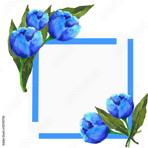 Postcards for greetings with blu flowers with decor on a white background