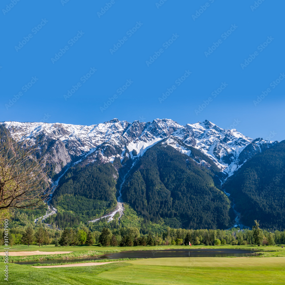 Golf course with gorgeous green and fantastic snow mountain view.