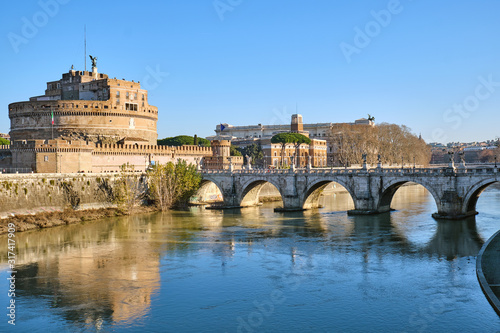 The Castel Sant Angelo and the Sant Angelo bridge in Rome on a sunny winter day