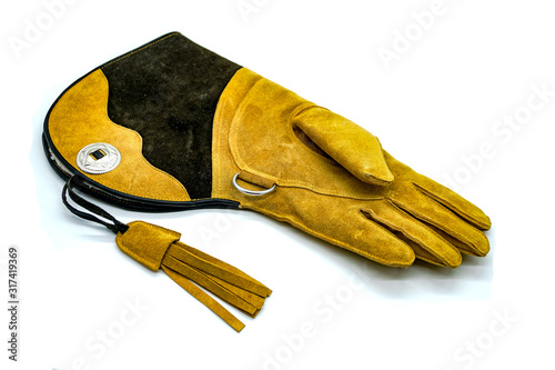 brown mustard falconry glove, isolate on white background