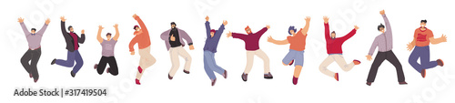 Vector flat collection of Happy Man illustration, dancing and jumping with joy, cheer, happiness, isolated on white background. Cheerful man, unity, frendship and brotherhood concept.
