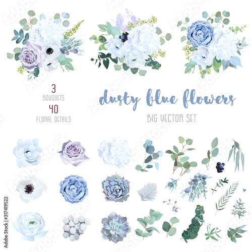 Dusty blue, pale purple rose, white hydrangea, ranunculus