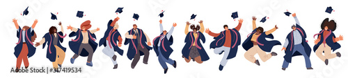 Vector flat set of Happy graduated man and woman in college and university education students in academic dresses. Celebration of Graduation day Students trow caps in air, Success Learning Concept photo